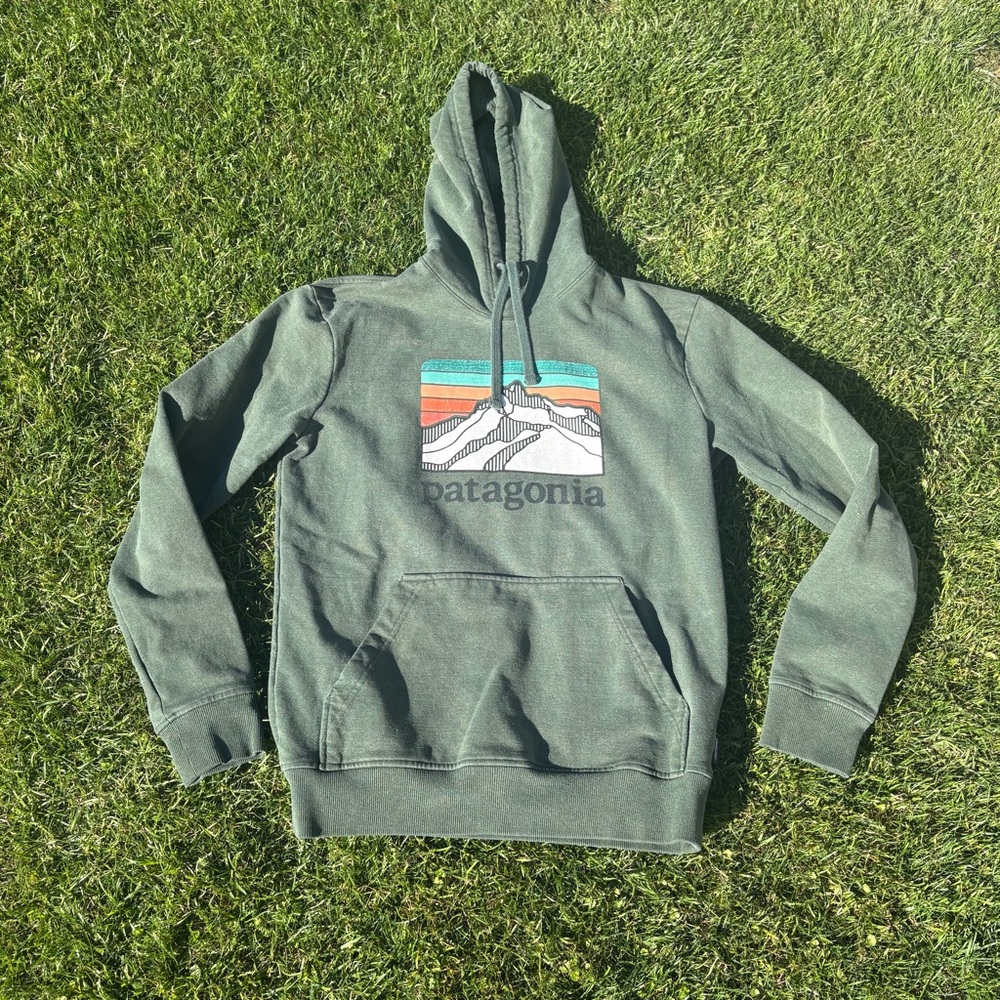 Patagonia Forest Green Hoodie with Multicolor Mountain Patch